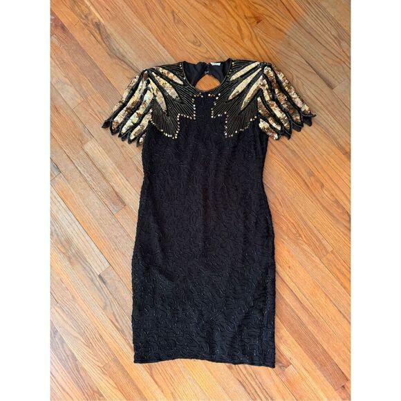 Vintage 80s Laurence Kazar Black Gold Cocktail Silk Sequin Beaded Midi Dress - Picture 1 of 10